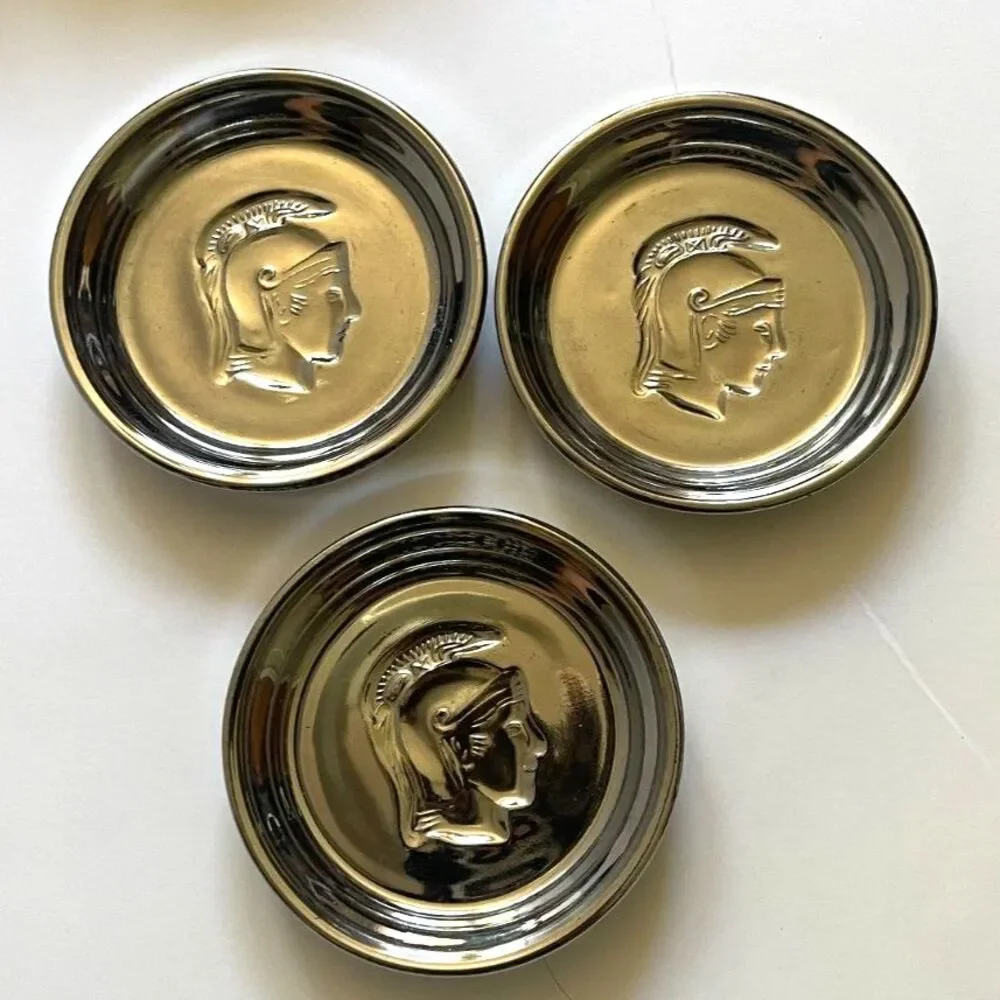Vintage Mercury Glass Roman Soldier Coasters / Small Dish Set of 3 Gray Silver